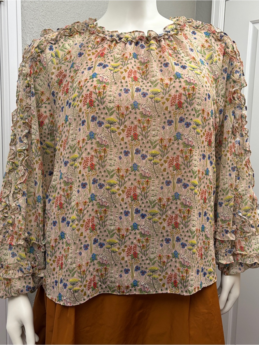 Boden Floral Ruffle Peasant Blouse - Cream with Multicolor Floral Print - Sz 20